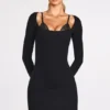 Vestido corto Caris de manga larga con encaje y modal acanalado en negro