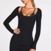 Vestido corto Caris de manga larga con encaje y modal acanalado en negro