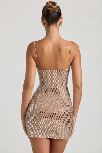 Vestido corto con aberturas y adornos Alanni en color miel