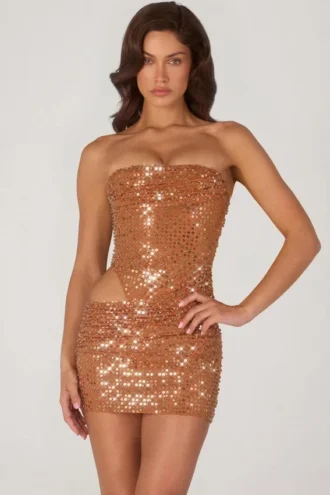 Vestido corto con aberturas y adornos Rania en color bronce