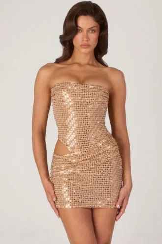 Vestido corto con aberturas y adornos Rania en dorado