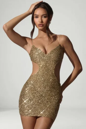 Vestido corto con aberturas y adornos Sayzel en dorado