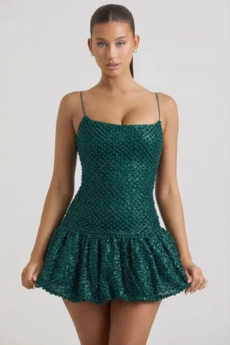 Vestido corto con bajo abullonado y adornos Callie en verde azulado
