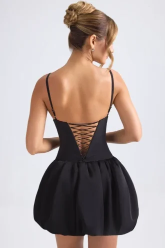 Vestido corto con corsé y bajo abullonado con cordones Anahita en negro