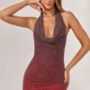 Vestido corto con cuello halter y adornos Namur en rojo/marrón degradado