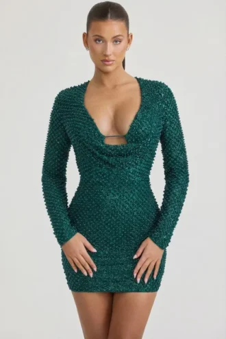 Vestido corto con cuello vuelto y adornos Arlowe en verde azulado