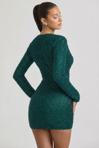 Vestido corto con cuello vuelto y adornos Arlowe en verde azulado