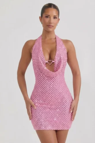 Vestido corto con cuello vuelto y detalle de corazón adornado Mabella en rosa