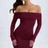 Vestido corto con hombros descubiertos Oriana Modal en rojo vino
