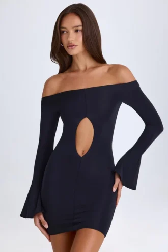Vestido corto con hombros descubiertos y aberturas Madelina en negro