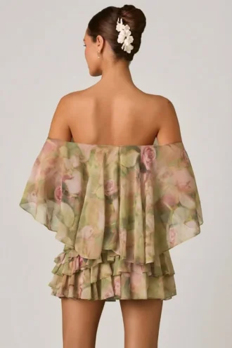 Vestido corto con volantes y hombros descubiertos Birdie con estampado floral multicolor