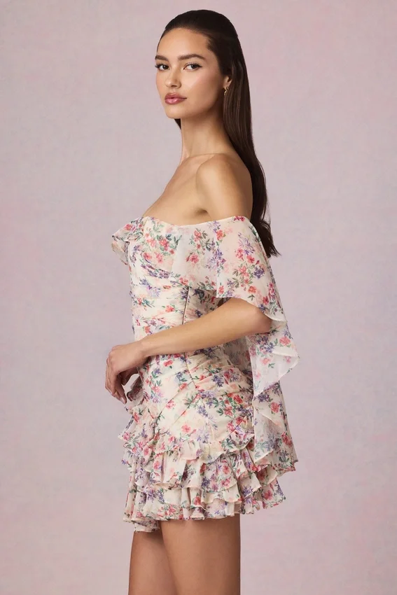 Vestido corto con volantes y hombros descubiertos de Birdie con estampado floral Primrose Vestido corto con volantes y hombros descubiertos de Birdie con estampado floral Primrose