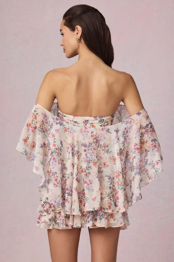 Vestido corto con volantes y hombros descubiertos de Birdie con estampado floral Primrose Vestido corto con volantes y hombros descubiertos de Birdie con estampado floral Primrose