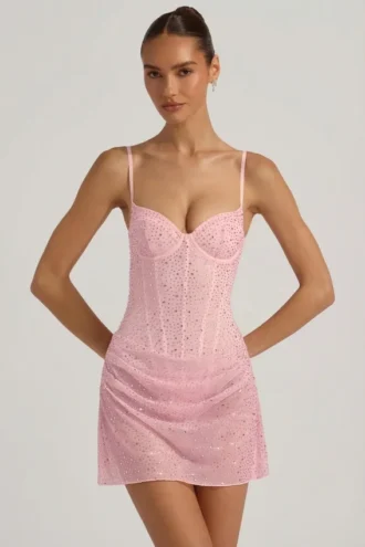 Vestido corto Connie semitransparente con adornos y drapeado en rosa