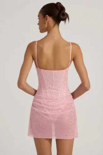 Vestido corto Connie semitransparente con adornos y drapeado en rosa