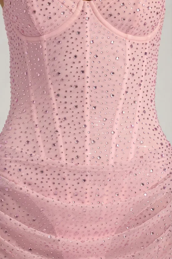 Vestido corto Connie semitransparente con adornos y drapeado en rosa Vestido corto Connie semitransparente con adornos y drapeado en rosa
