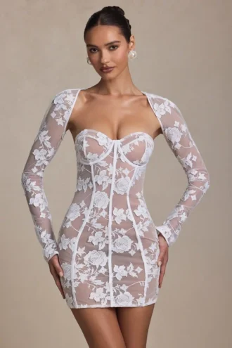 Vestido corto corsé con detalles de encaje Andreia en blanco