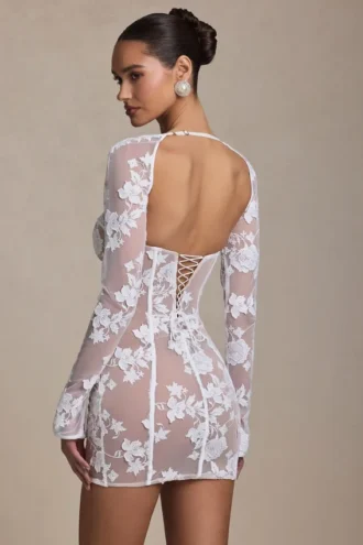 Vestido corto corsé con detalles de encaje Andreia en blanco