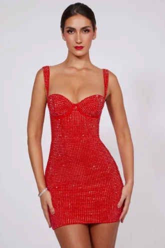 Vestido corto corsé con escote corazón y adornos Ines en rojo fuego