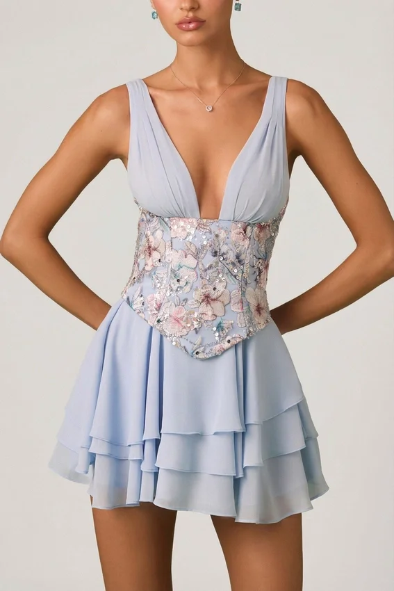 Vestido corto corsé con volantes y adornos Sakura en azul floral Vestido corto corsé con volantes y adornos Sakura en azul floral