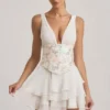 Vestido corto corsé con volantes y adornos Sakura en marfil