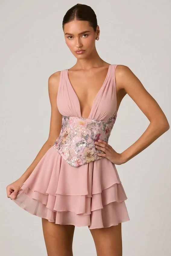 Vestido corto corsé con volantes y adornos Sakura en rosa floral Vestido corto corsé con volantes y adornos Sakura en rosa floral