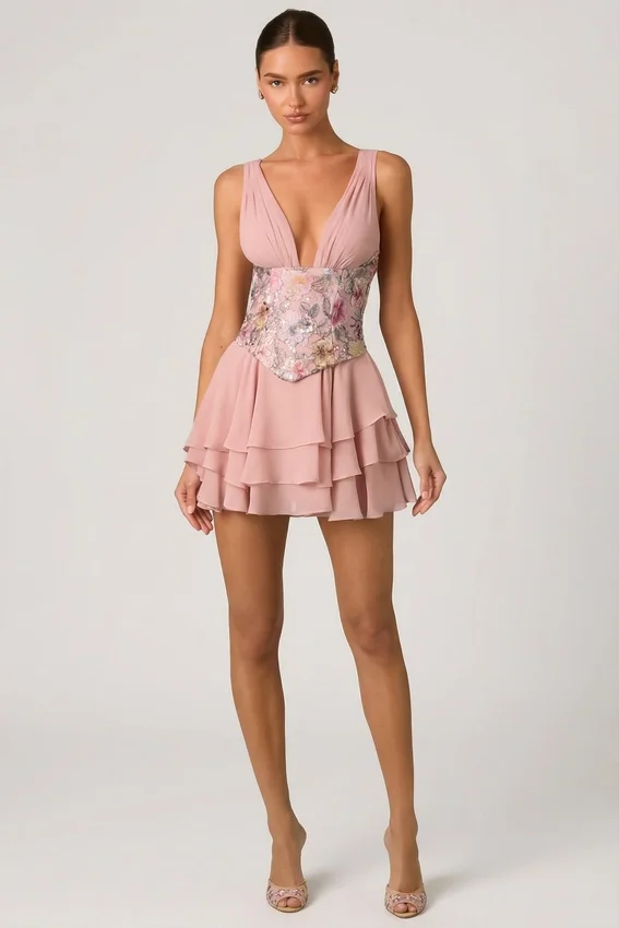 Vestido corto corsé con volantes y adornos Sakura en rosa floral Vestido corto corsé con volantes y adornos Sakura en rosa floral