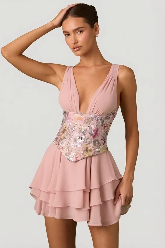 Vestido corto corsé con volantes y adornos Sakura en rosa floral Vestido corto corsé con volantes y adornos Sakura en rosa floral