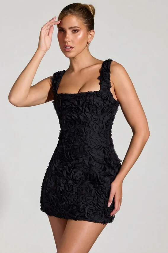 Vestido corto corsé de cuello cuadrado con apliques florales Posy en negro Vestido corto corsé de cuello cuadrado con apliques florales Posy en negro