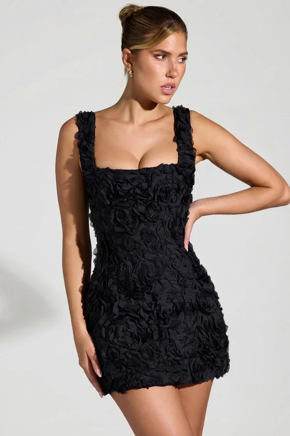 Vestido corto corsé de cuello cuadrado con apliques florales Posy en negro Vestido corto corsé de cuello cuadrado con apliques florales Posy en negro