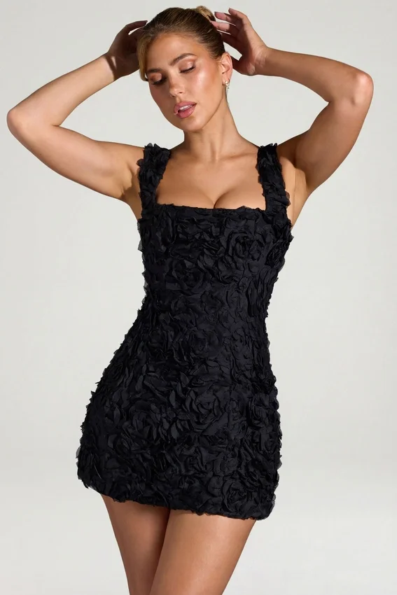 Vestido corto corsé de cuello cuadrado con apliques florales Posy en negro Vestido corto corsé de cuello cuadrado con apliques florales Posy en negro