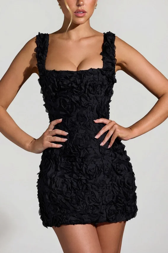 Vestido corto corsé de cuello cuadrado con apliques florales Posy en negro Vestido corto corsé de cuello cuadrado con apliques florales Posy en negro