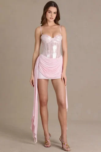 Vestido corto corsé de encaje adornado Genevieve en rosa bebé