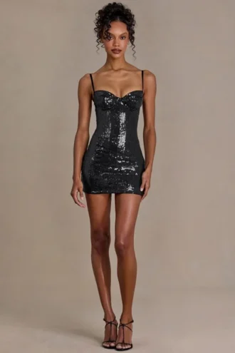 Vestido corto corsé de encaje con lentejuelas Theodora Premium en negro