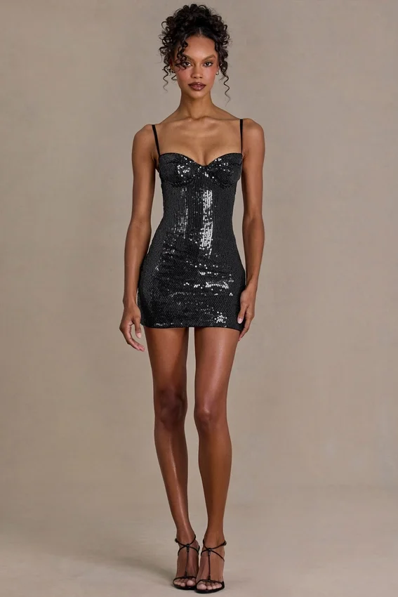 Vestido corto corsé de encaje con lentejuelas Theodora Premium en negro Vestido corto corsé de encaje con lentejuelas Theodora Premium en negro