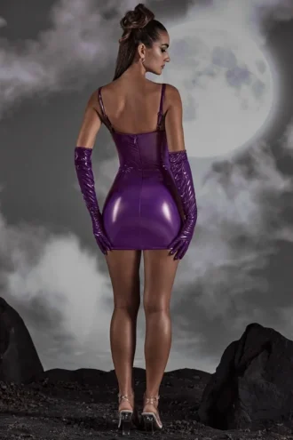 Vestido corto corsé de vinilo con aberturas Pandora en morado