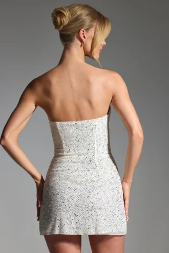 Vestido corto corsé sin tirantes con adornos Crystella en blanco