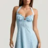 Vestido corto de corte A con cuello halter Nerine con estampado floral azul