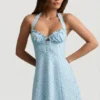 Vestido corto de corte A con cuello halter Nerine con estampado floral azul