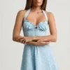 Vestido corto de corte A con cuello halter Nerine con estampado floral azul