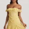 Vestido corto de encaje con hombros descubiertos y corte en A de Nahida en amarillo pastel Vestido corto de encaje con hombros descubiertos y corte en A de Nahida en amarillo pastel