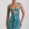 Vestido corto de jersey elástico con aberturas y volantes de Zivanka en verde mar Vestido corto de jersey elástico con aberturas y volantes de Zivanka en verde mar