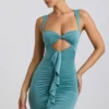 Vestido corto de jersey elástico con aberturas y volantes de Zivanka en verde mar Vestido corto de jersey elástico con aberturas y volantes de Zivanka en verde mar