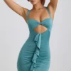 Vestido corto de jersey elástico con aberturas y volantes de Zivanka en verde mar Vestido corto de jersey elástico con aberturas y volantes de Zivanka en verde mar