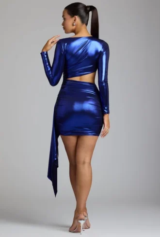 Vestido corto de jersey metalizado con aberturas Nasira en azul eléctrico