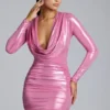 Vestido corto de jersey metalizado de manga larga Layla en rosa Vestido corto de jersey metalizado de manga larga Layla en rosa