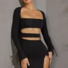 Vestido corto de manga larga con aberturas Enya en negro Vestido corto de manga larga con aberturas Enya en negro