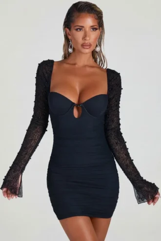 Vestido corto de manga larga con adornos St Germain en negro