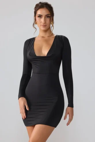 Vestido corto de manga larga con escote pronunciado de jersey elástico Oakley en negro