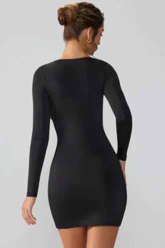 Vestido corto de manga larga con escote pronunciado de jersey elástico Oakley en negro